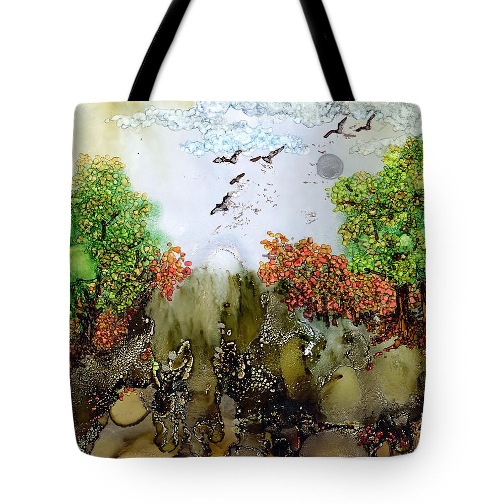 Abstract Landscape Tote Bag featuring the painting Flying to Shangri-La by Charlene Fuhrman-Schulz