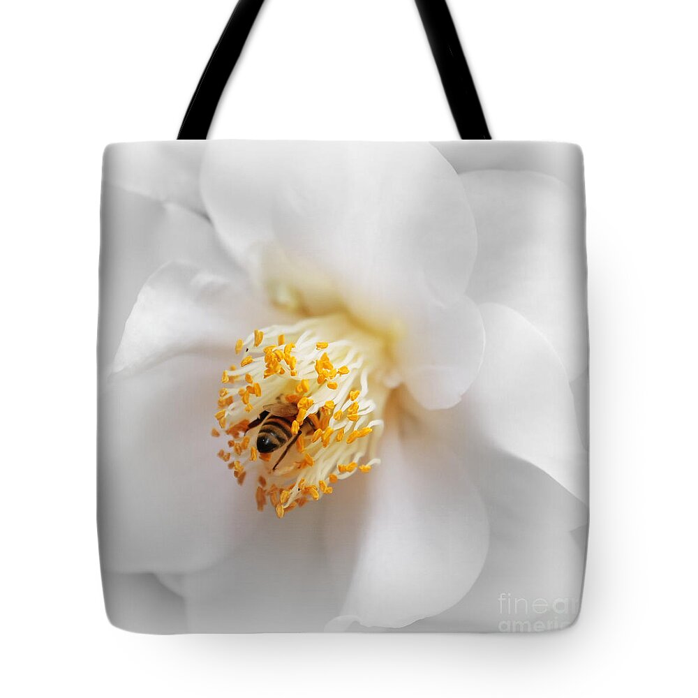 Nature Tote Bag featuring the photograph Focus on Bee in White Camellia by Carol Groenen