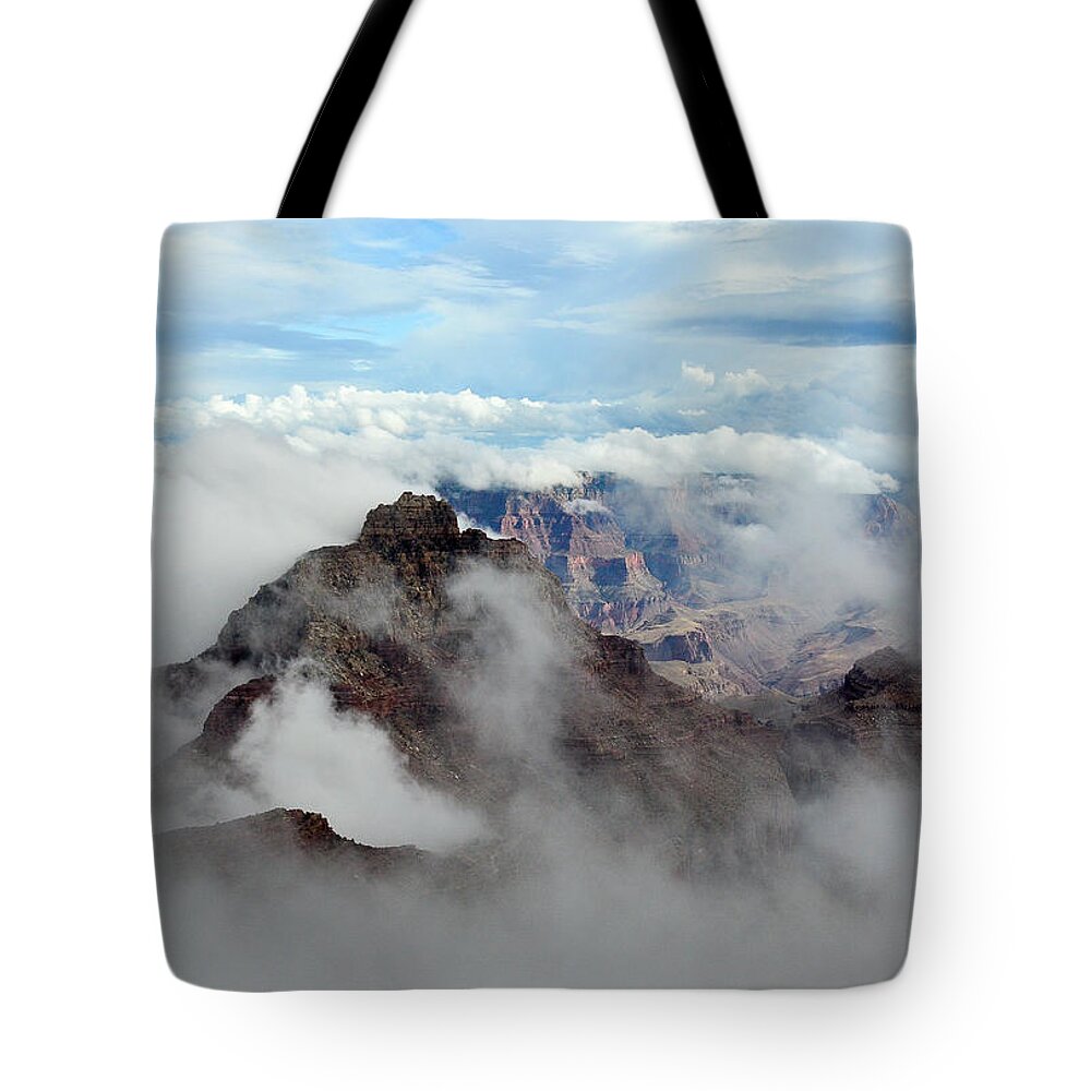 Mountain Tote Bag featuring the photograph Fog shrouded Vishnu Temple by Gaelyn Olmsted