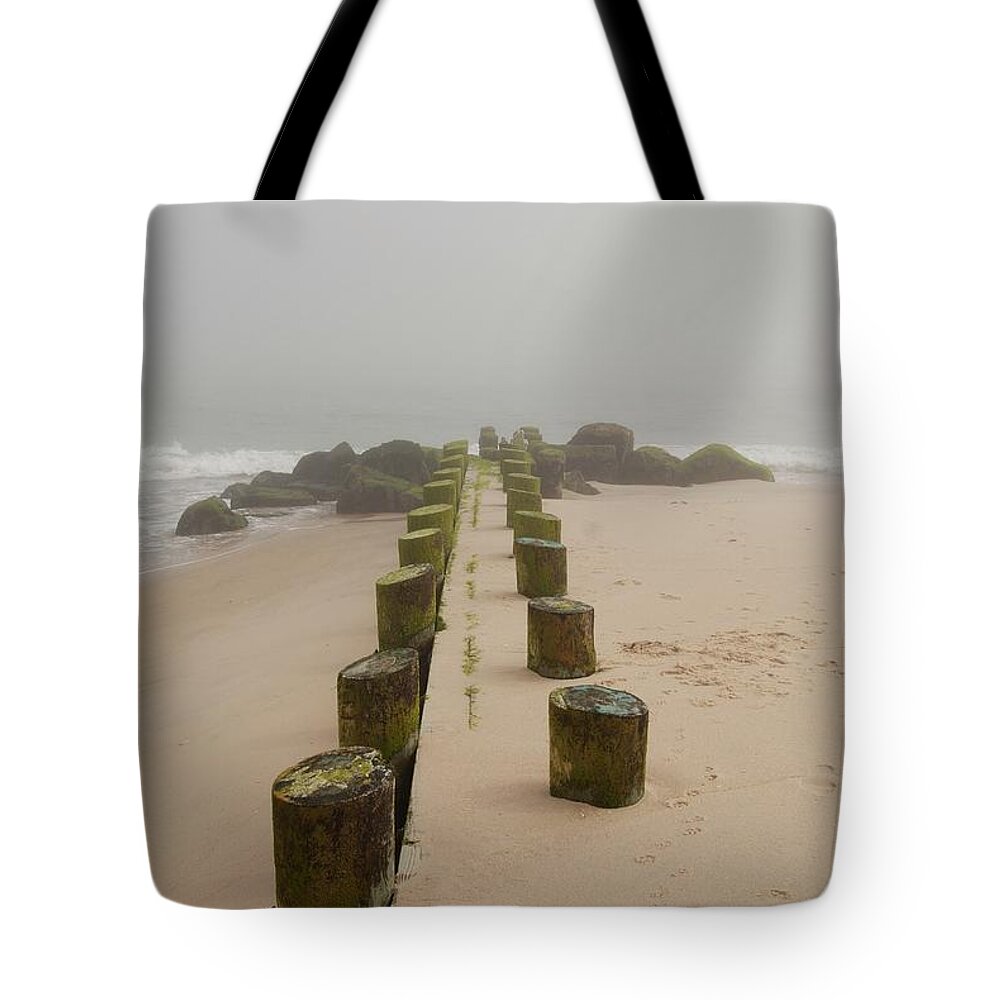 Jersey Shore Tote Bag featuring the photograph Fog Sits On Bay Head Beach - Jersey Shore by Angie Tirado