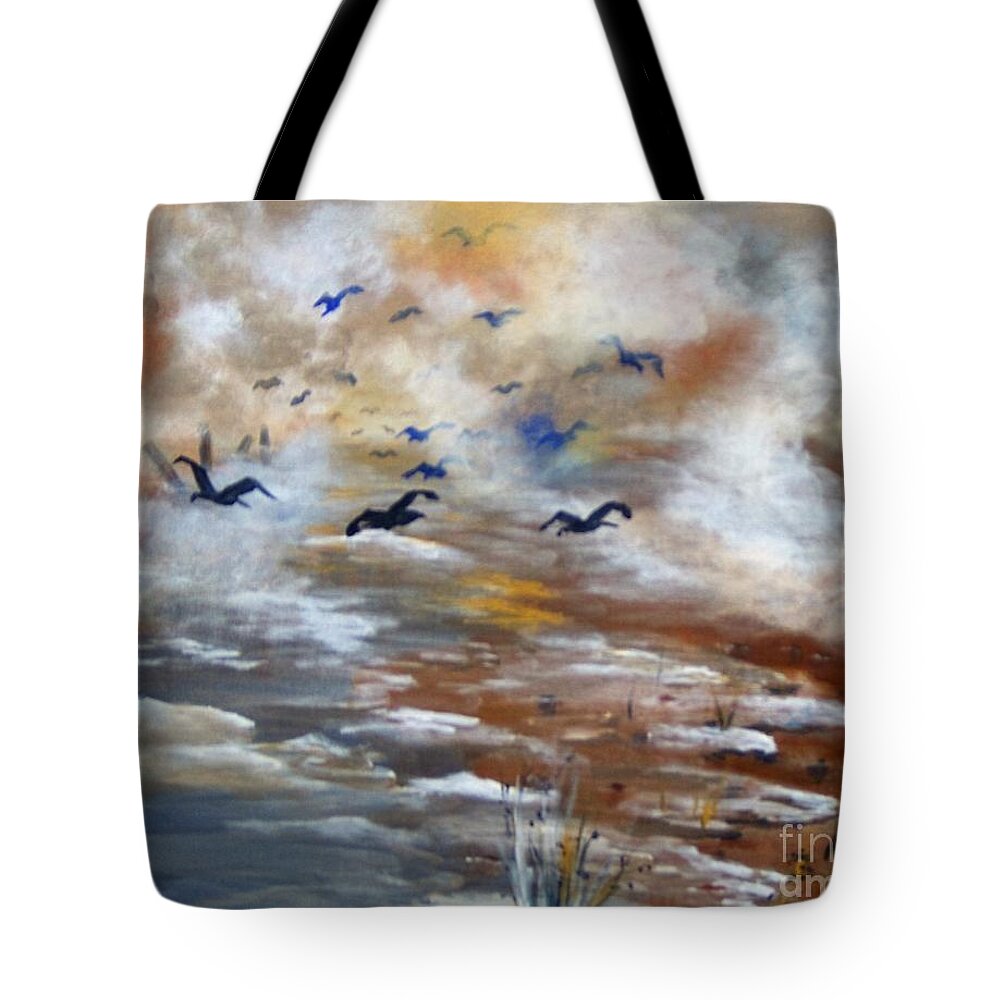 Birds Tote Bag featuring the painting Foggy Beach by Saundra Johnson