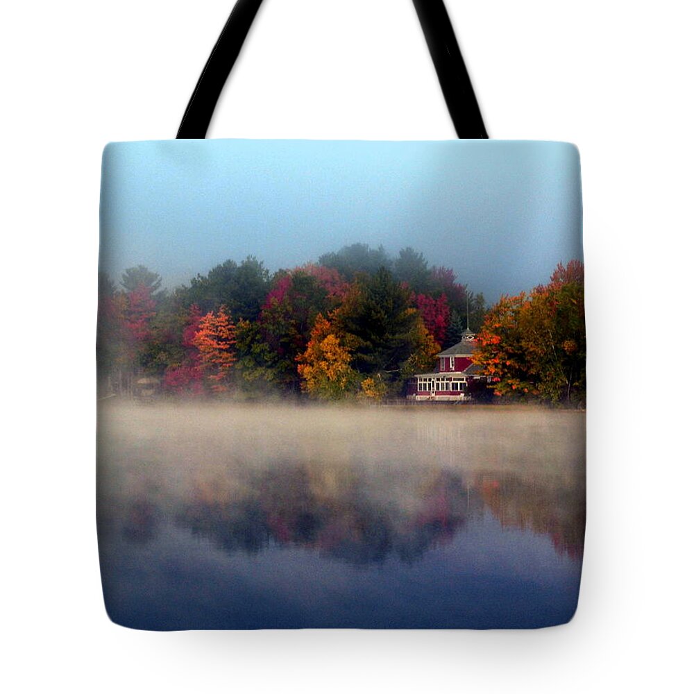 Poland Spring Tote Bag featuring the photograph Foggy Fall Reflections by Colleen Phaedra