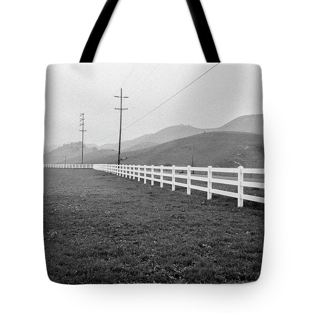B&w Tote Bag featuring the photograph Foggy Fences by Robin Mayoff