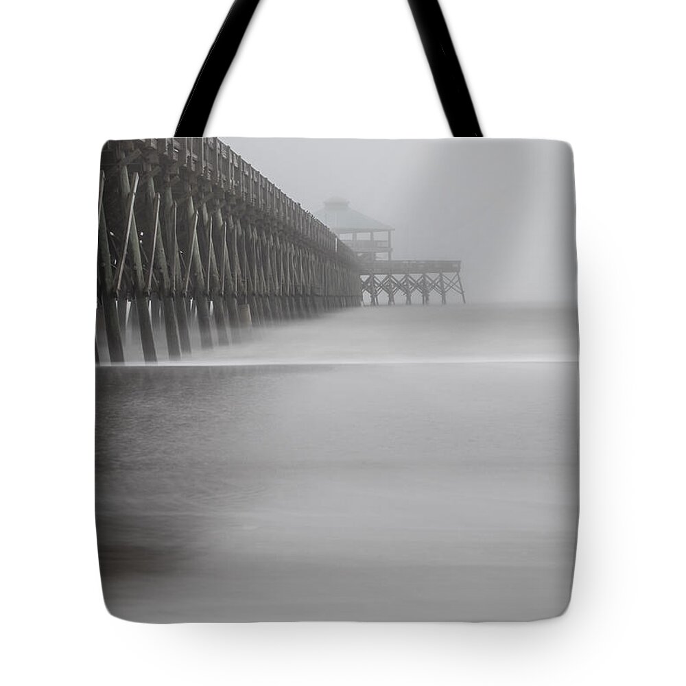 Charleston Tote Bag featuring the photograph Foggy Folly Beach Pier by John McGraw