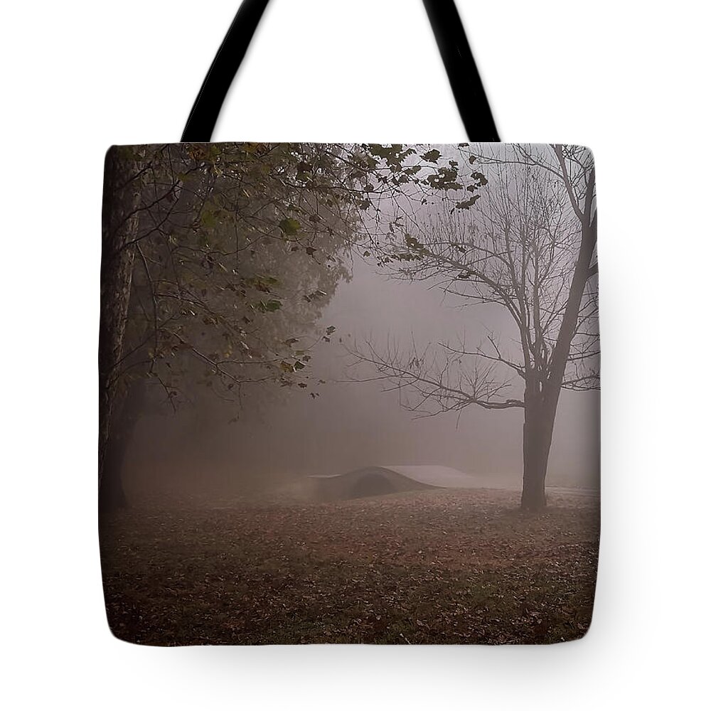 Greg Jackson Tote Bag featuring the photograph Foggy Morning Sunrise Footbridge - Kentucky by Greg Jackson