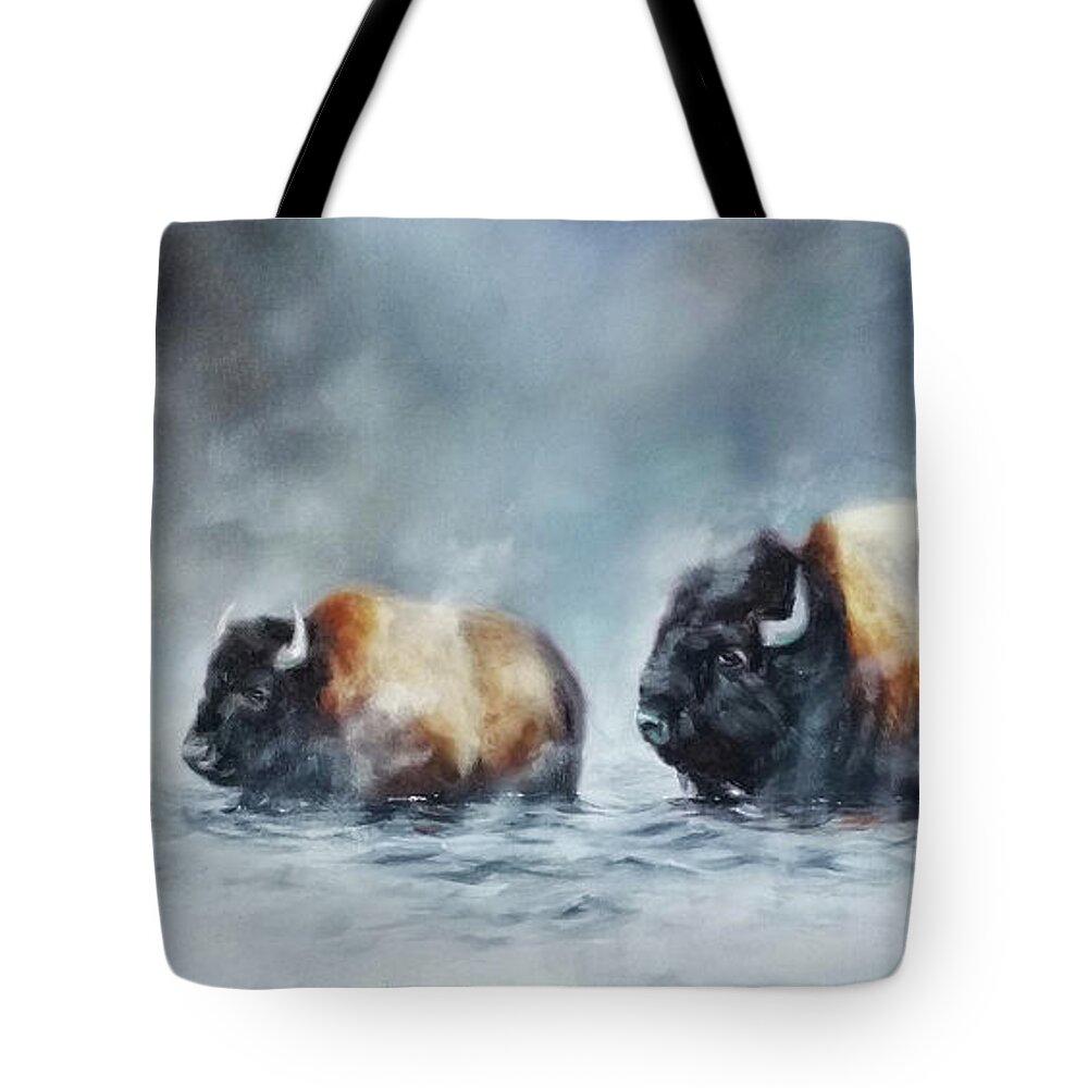 Bison Tote Bag featuring the painting Foggy River Crossing by Charice Cooper