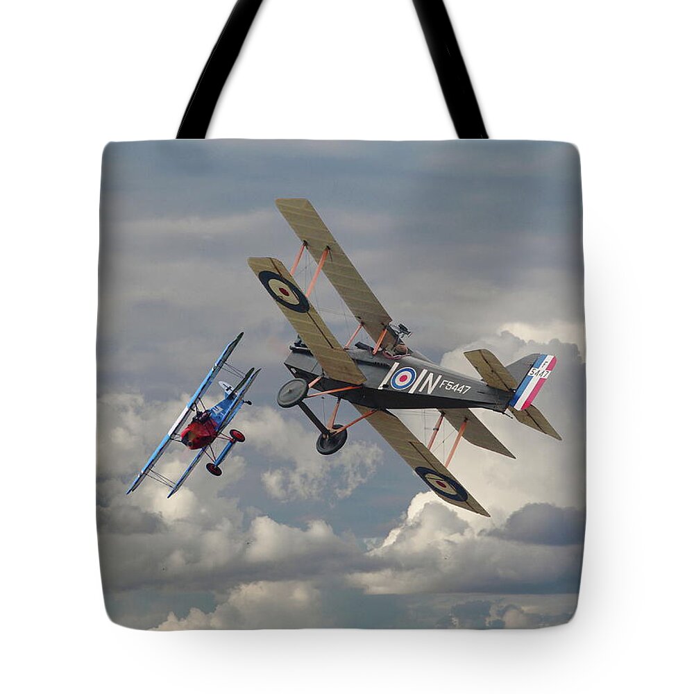 Aircraft Tote Bag featuring the digital art Fokker DVll and SE5 head to head by Pat Speirs