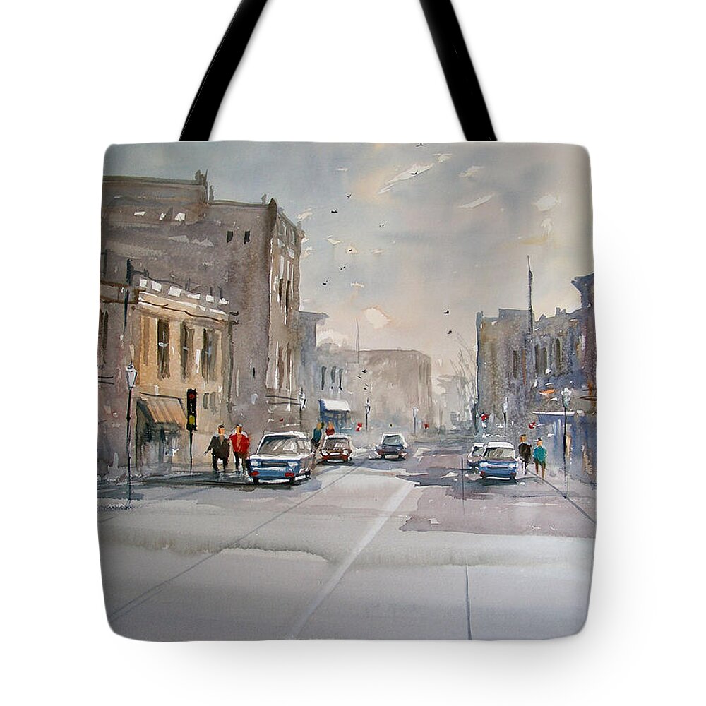 Watercolor Tote Bag featuring the painting Fond du Lac - Main Street by Ryan Radke