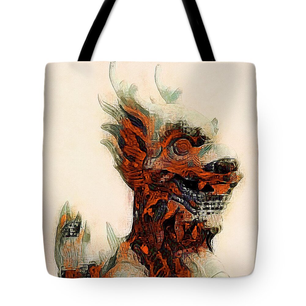 Foo Dog Tote Bag featuring the mixed media Foo Dog by Susan Maxwell Schmidt