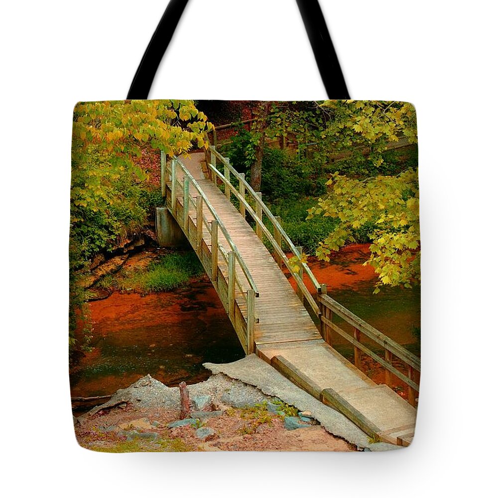 Autumn Tote Bag featuring the photograph Footbridge into Autumn by Stacie Siemsen