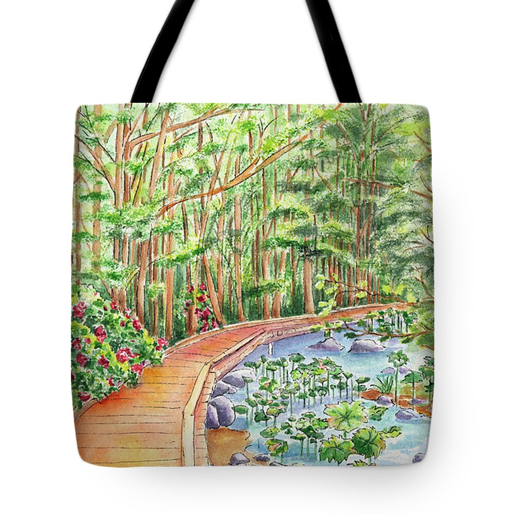 Lithia Park Tote Bag featuring the painting Footbridge by Lori Taylor