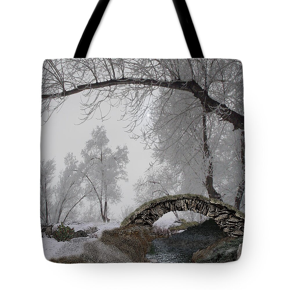 Snowy Tote Bag featuring the digital art Footbridge Over the Creek by Julie Rodriguez Jones