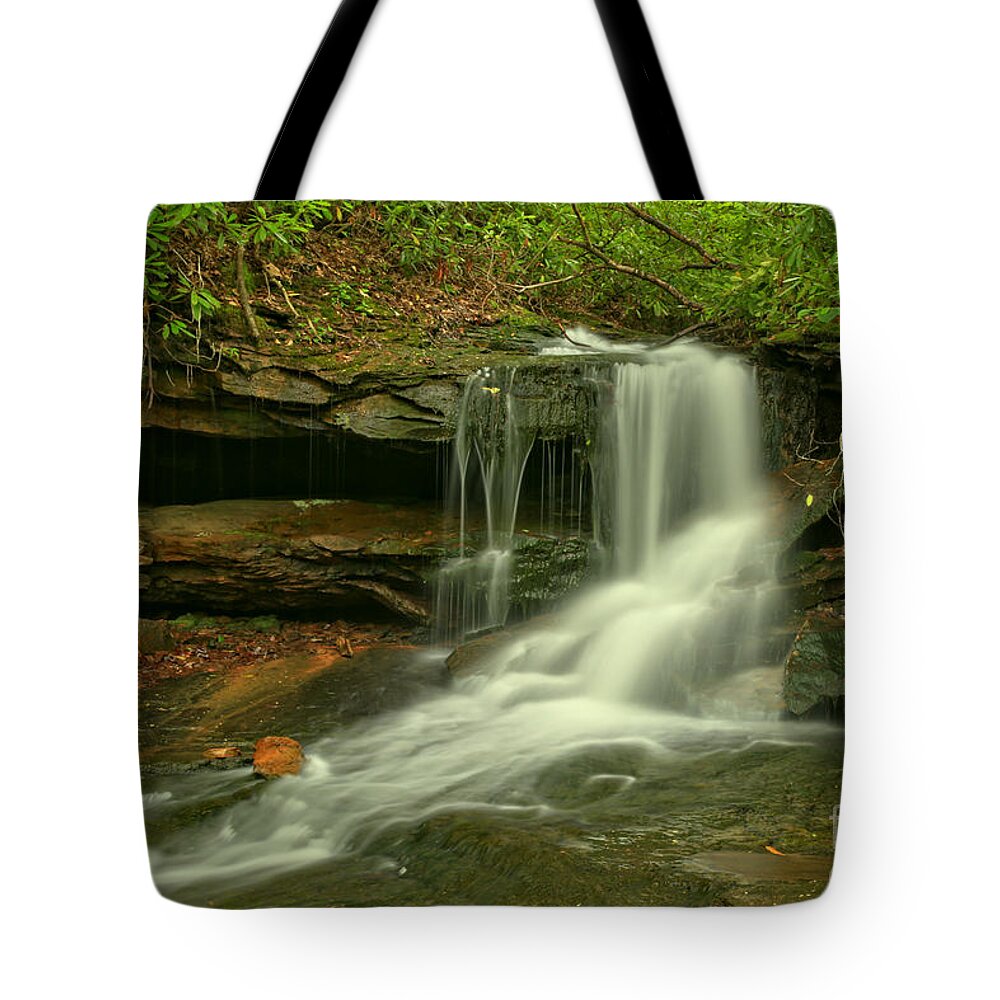 Cave Falls Tote Bag featuring the photograph Forbes State Forest Cole Run Cave Falls by Adam Jewell
