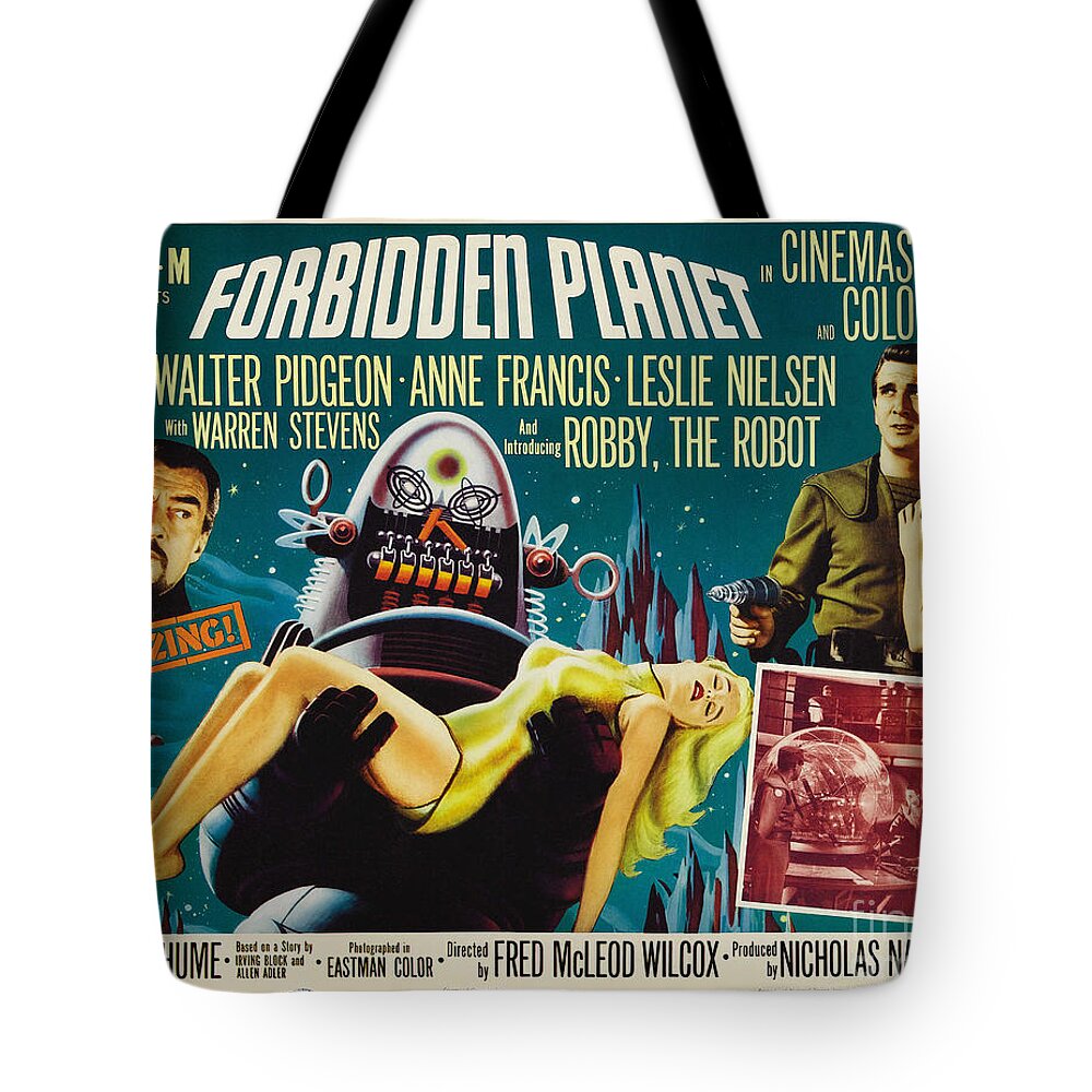 Forbidden Planet Tote Bag featuring the painting Forbidden Planet in CinemaScope retro classic movie poster by Vintage Collectables