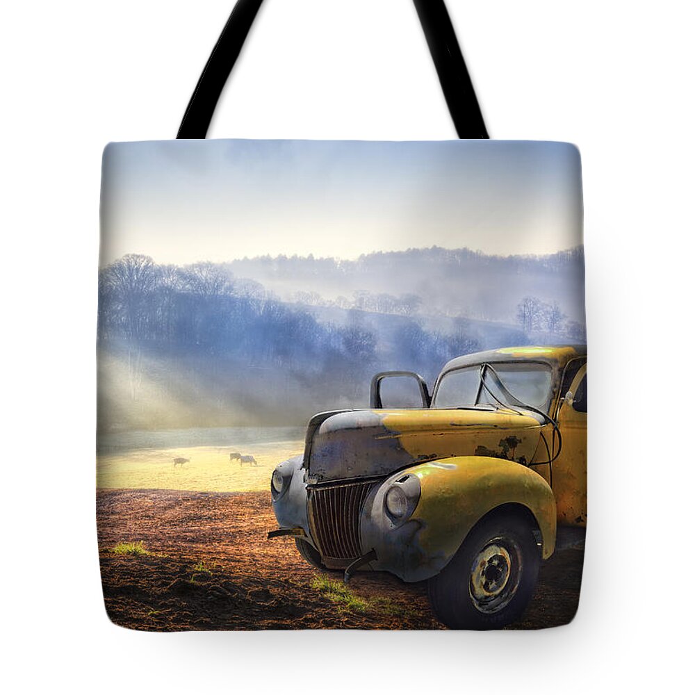 Appalachia Tote Bag featuring the photograph Ford in the Fog by Debra and Dave Vanderlaan