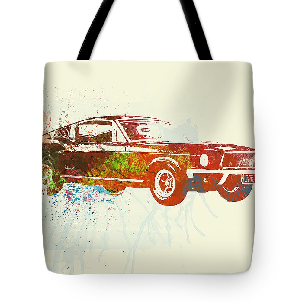Ford Mustang Tote Bag featuring the painting Ford Mustang Watercolor by Naxart Studio