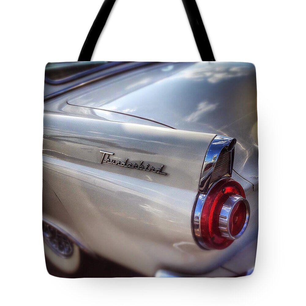 Wall Art Poster Blackandwhite Bw Bnw Black White Car Automotive Mobile Travel Road Classic Old Antique Thunderbird Ford Dreamy Roadshow Carshow Tote Bag featuring the photograph Ford Thunderbird Fender color 2 by Andrew Rhine