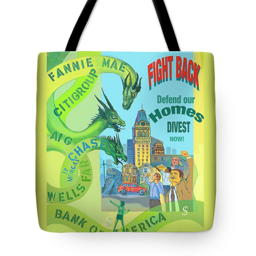 Predatory Lending Tote Bag featuring the painting Foreclosure by Really Radical Robinson