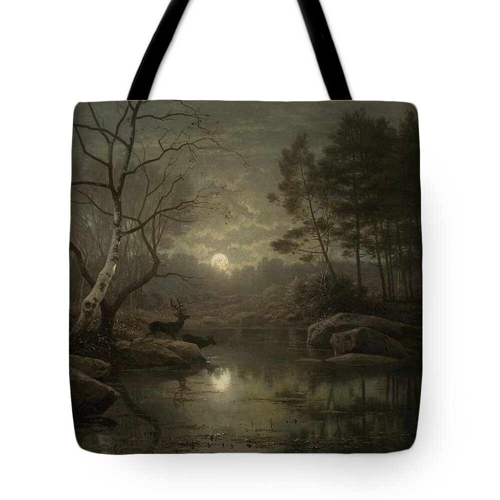Forest Landscape In The Moonlight Tote Bag featuring the painting Forest Landscape in the Moonlight by MotionAge Designs