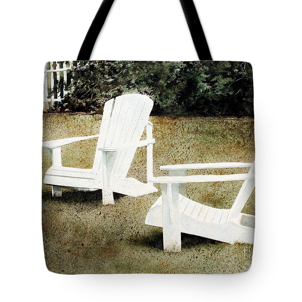 Two White Adirondack Chairs On A Front Lawn With Hedge And A Picket Fence In The Background. Tote Bag featuring the painting Forest Lawn by Monte Toon