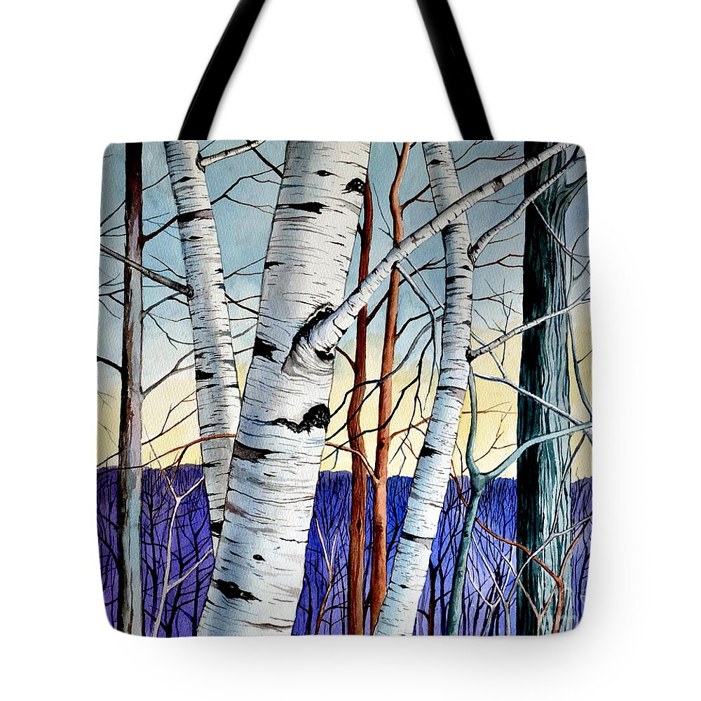 Birch Tote Bag featuring the painting Forest of trees by Christopher Shellhammer