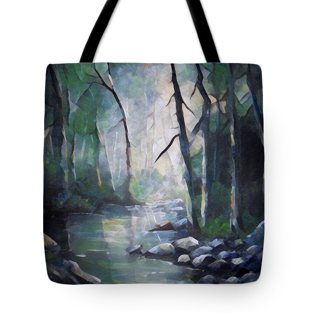 Landscapes Tote Bag featuring the painting Forest stream digital by Megan Walsh