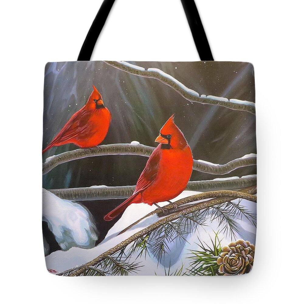 Cardinals Tote Bag featuring the painting Forever and For Always by Hunter Jay