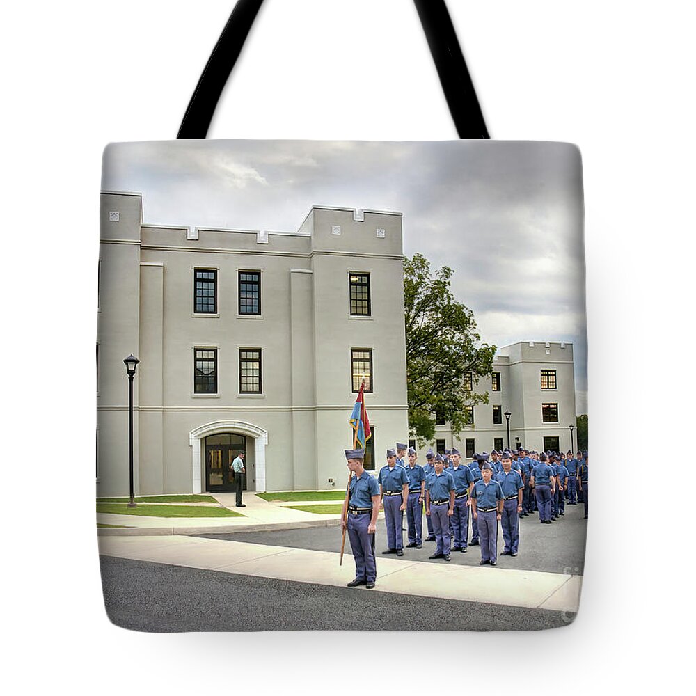 Fork Union Military Academy Charlie Company Entrance Grass Tree Building Barracks School Virginia Sky Blue Clouds Cloudy Cadets Company Road Virginia Private Tote Bag featuring the photograph Fork Union Military Academy Charlie Company Entrance by Karen Jorstad