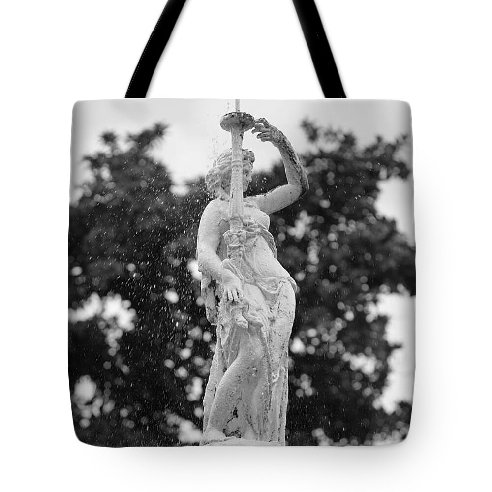 Savannah Tote Bag featuring the photograph Forsyth Park Fountain - Black and White 2 2X3 by Carol Groenen