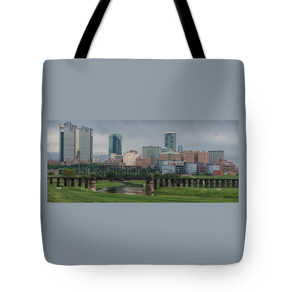 Fort Worth Tote Bag featuring the photograph Fort Worth Cloudy Panorama by Jonathan Davison