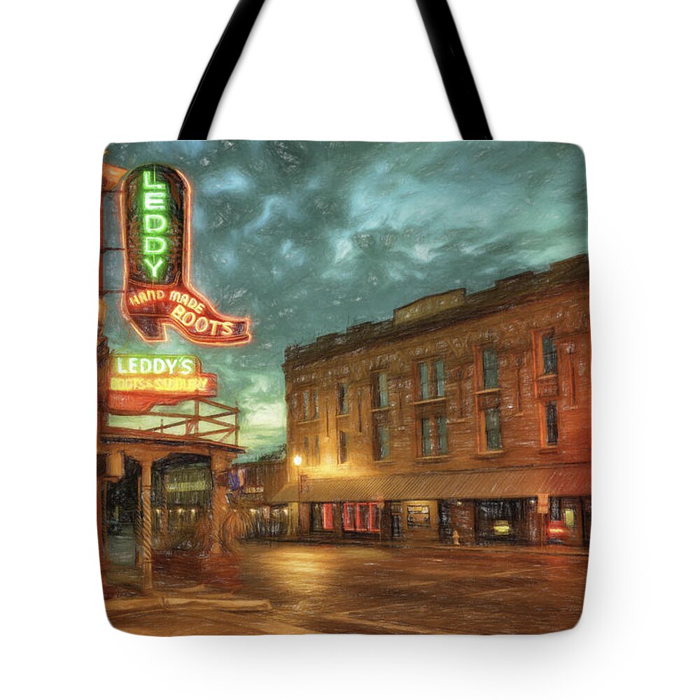 Joan Carroll Tote Bag featuring the photograph Fort Worth Impressions Main and Exchange by Joan Carroll