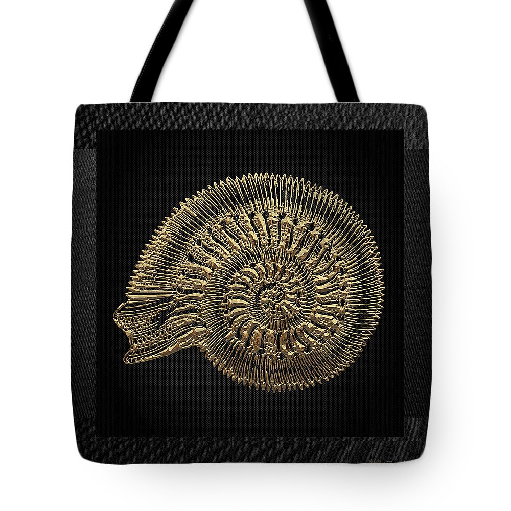 'fossil Record' Collection By Serge Averbukh Tote Bag featuring the digital art Fossil Record - Golden Ammonite Fossil on Square Black Canvas #2 by Serge Averbukh