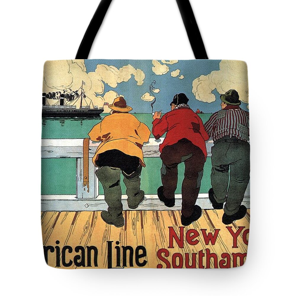 Four Men Smoking Tote Bag featuring the painting Four men smoking and watching a Steamer Ship sailing - Vintage Illustrated Poster - American Line by Studio Grafiikka