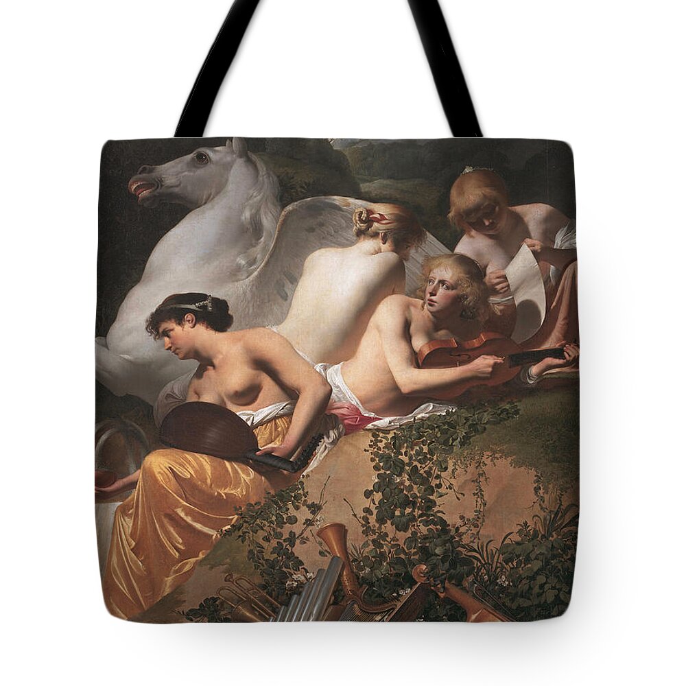 Caesar Van Everdingen Tote Bag featuring the painting Four Muses and Pegasus by Caesar van Everdingen