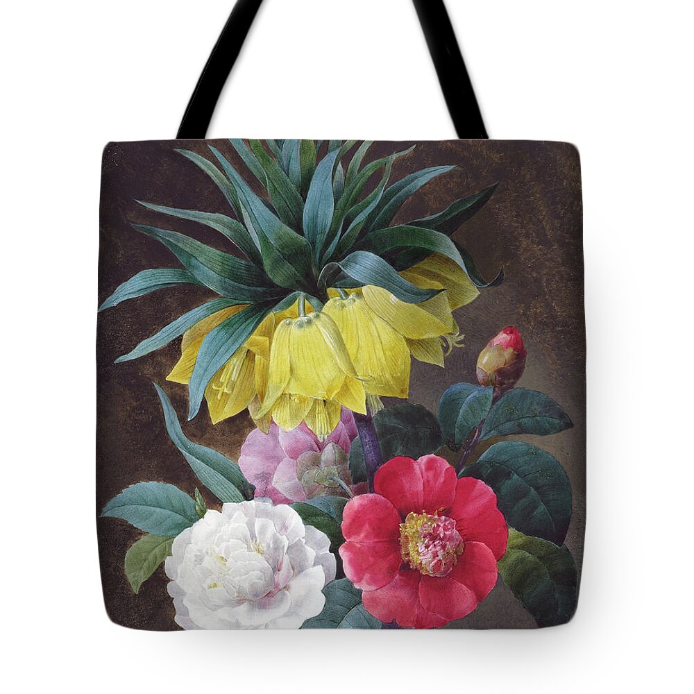 Pierre Joseph Redoute Tote Bag featuring the painting Four Peonies and a Crown Imperial by Pierre Joseph Redoute