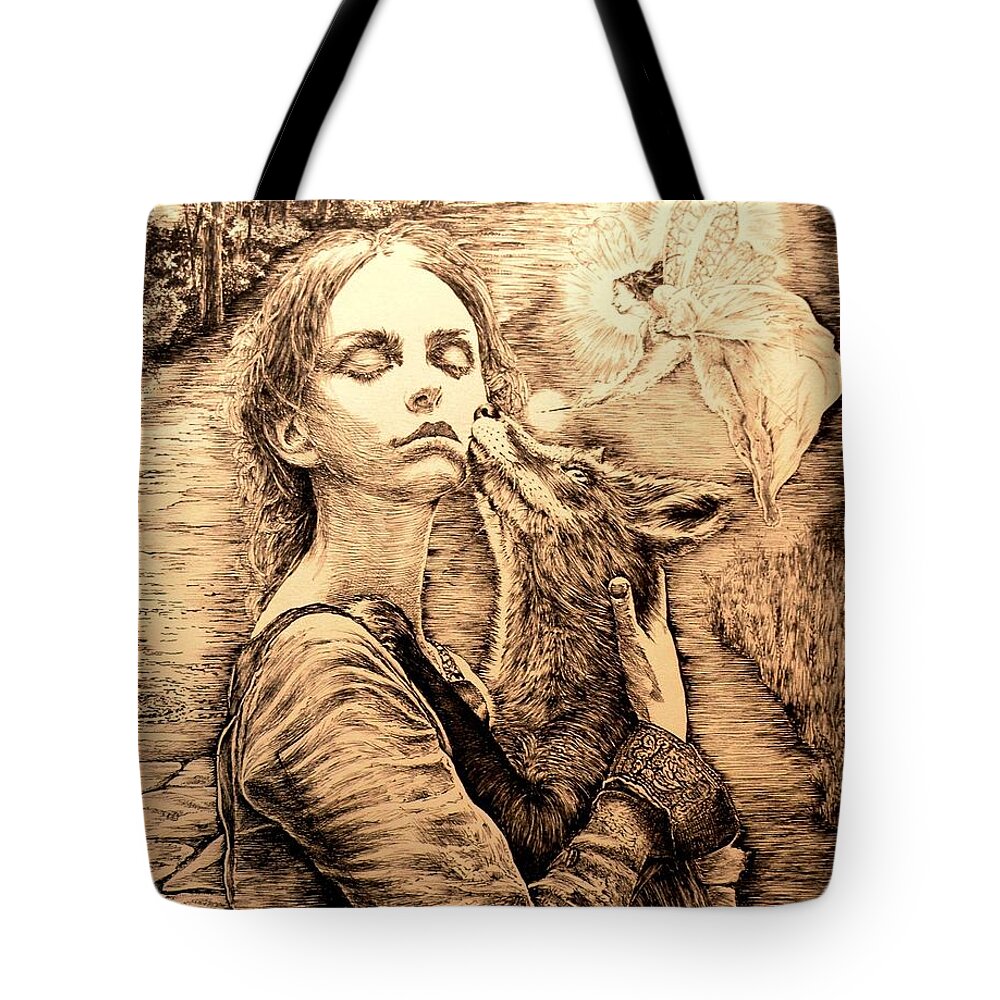 Girl Tote Bag featuring the drawing Fox Light In Sepia by James Oliver