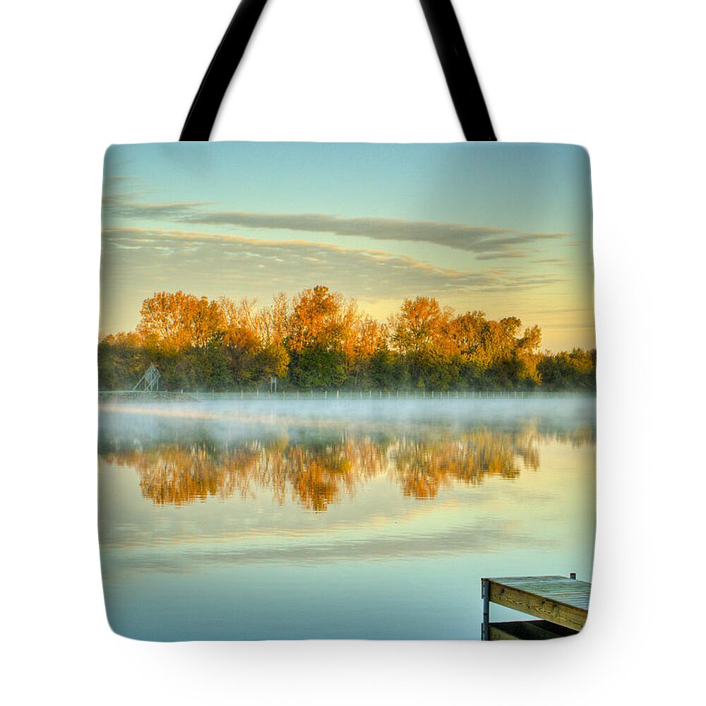 Illinois Tote Bag featuring the photograph Fox River Above McHenry Dam at Sunrise by Roger Passman