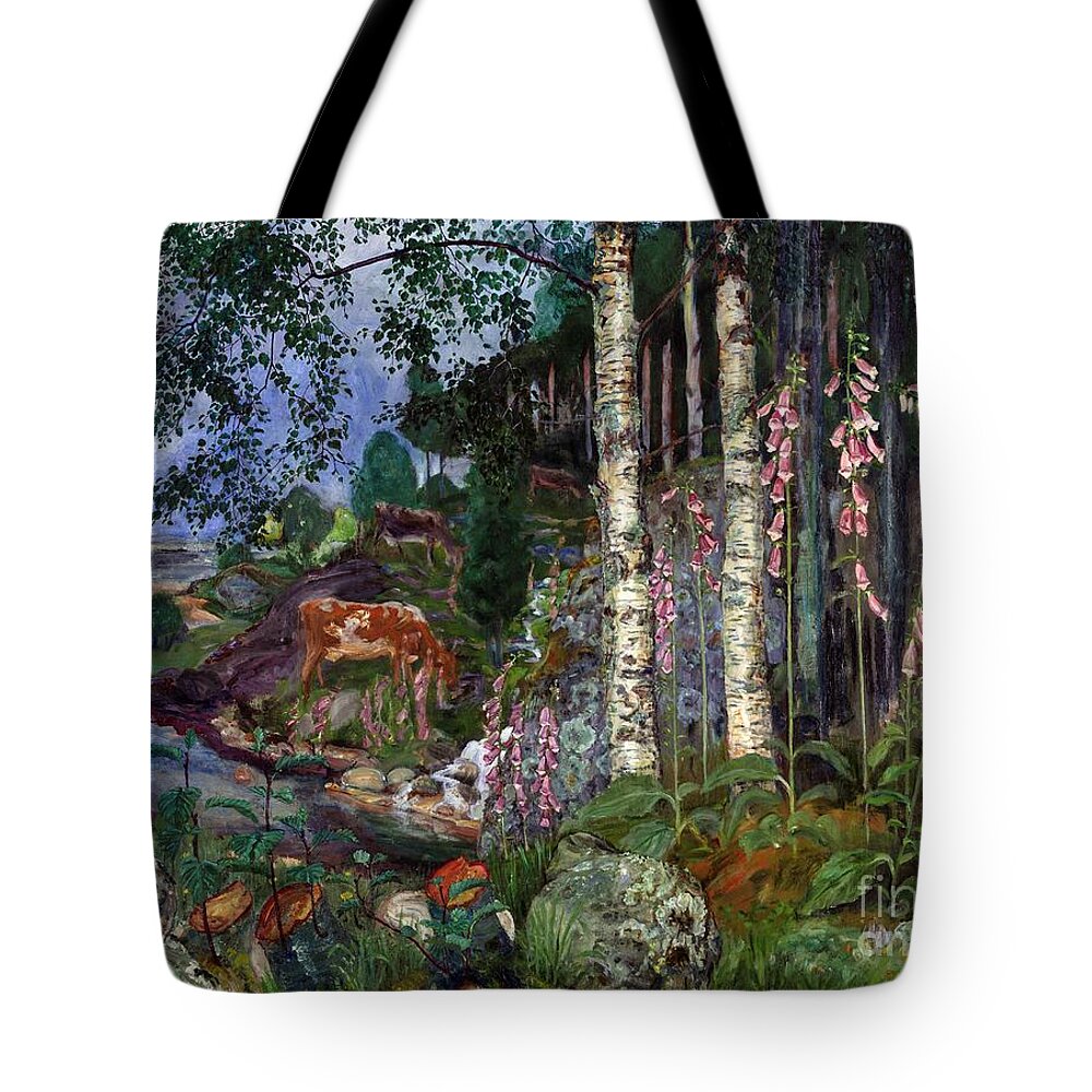 Nikolai Astrup Tote Bag featuring the painting Foxgloves, ca 1918 by O Vaering by Nikolai Astrup