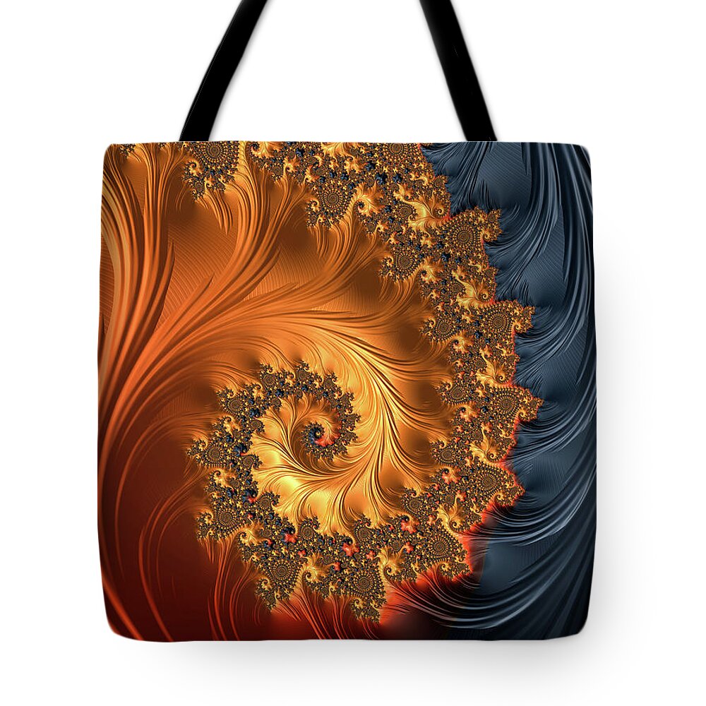 Spiral Tote Bag featuring the digital art Fractal spiral orange golden black by Matthias Hauser