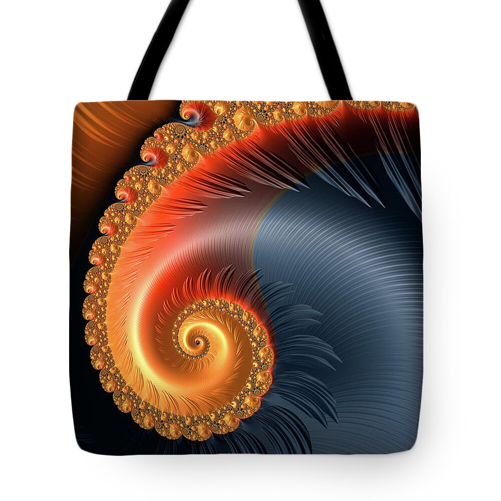 Abstract Tote Bag featuring the digital art Fractal spiral with warm orange and red tones by Matthias Hauser