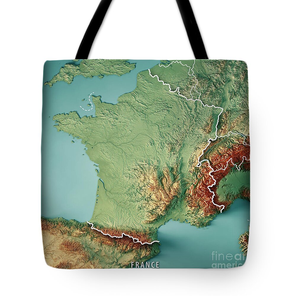France Tote Bag featuring the digital art France Country 3D Render Topographic Map Border by Frank Ramspott