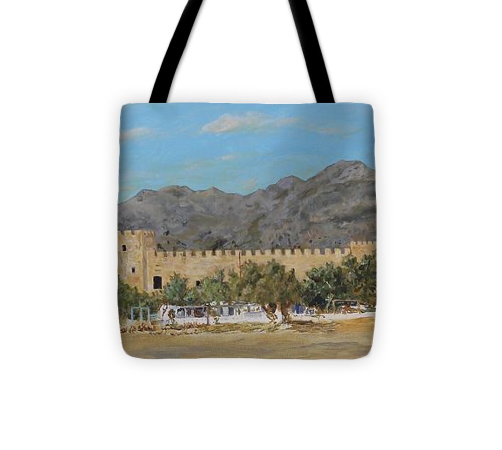 Frangokastello Tote Bag featuring the painting Frangokastello castle - Southern Crete by David Capon