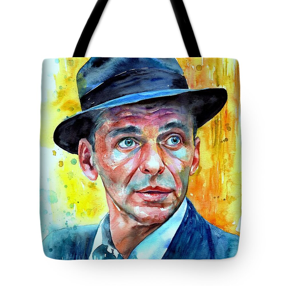 Frank Tote Bag featuring the painting Frank Sinatra in blue fedora by Suzann Sines