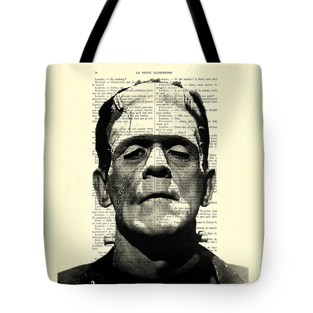 Black And White Tote Bag featuring the digital art Frankenstein on dictionary page by Madame Memento