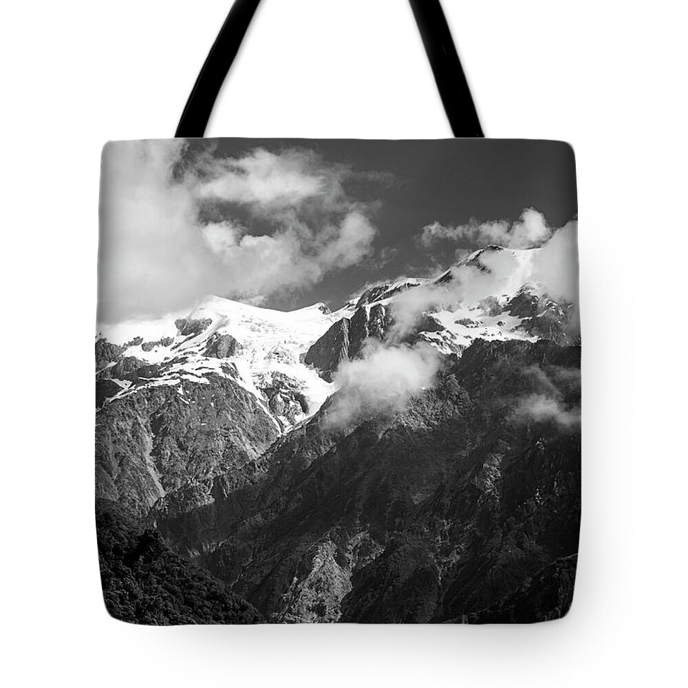 Joan Carroll Tote Bag featuring the photograph Franz Josef Glacier Valley New Zealand BW by Joan Carroll