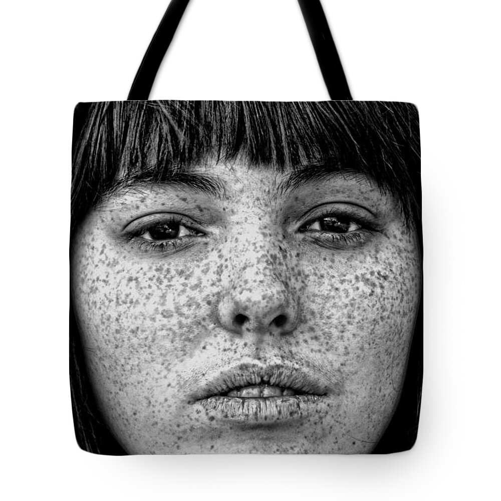 Beauty Tote Bag featuring the photograph Freckle Face CloseUp by Jim Fitzpatrick