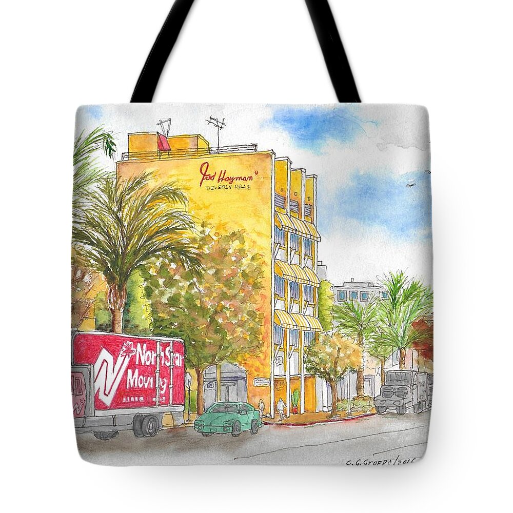 Fred Hayman Building Tote Bag featuring the painting Fred Hayman Building, Cannon Dr and Clifton, Beverly Hills, CA by Carlos G Groppa