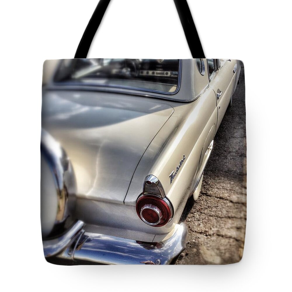 Wall Art Poster Blackandwhite Bw Bnw Black White Car Automotive Mobile Travel Road Classic Old Antique Thunderbird Ford Dreamy Roadshow Carshow Tote Bag featuring the photograph Fred Tthunderbird 4 by Andrew Rhine