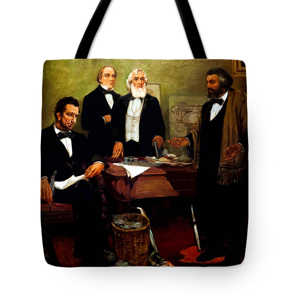 Frederick Douglass Tote Bag featuring the painting Frederick Douglass appealing to President Lincoln by War Is Hell Store