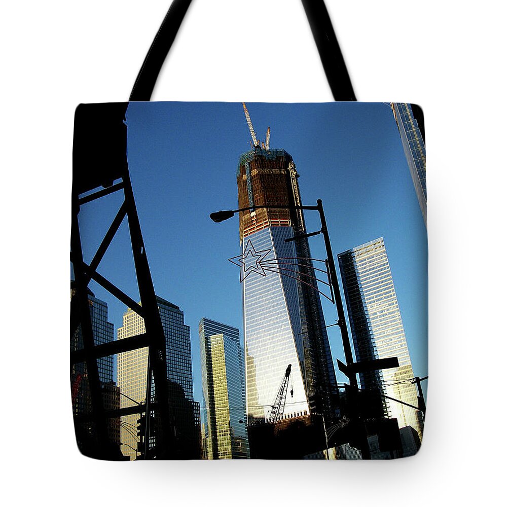 Freedom Tower Tote Bag featuring the photograph Freedom Tower Under Construction in NYC by Linda Stern